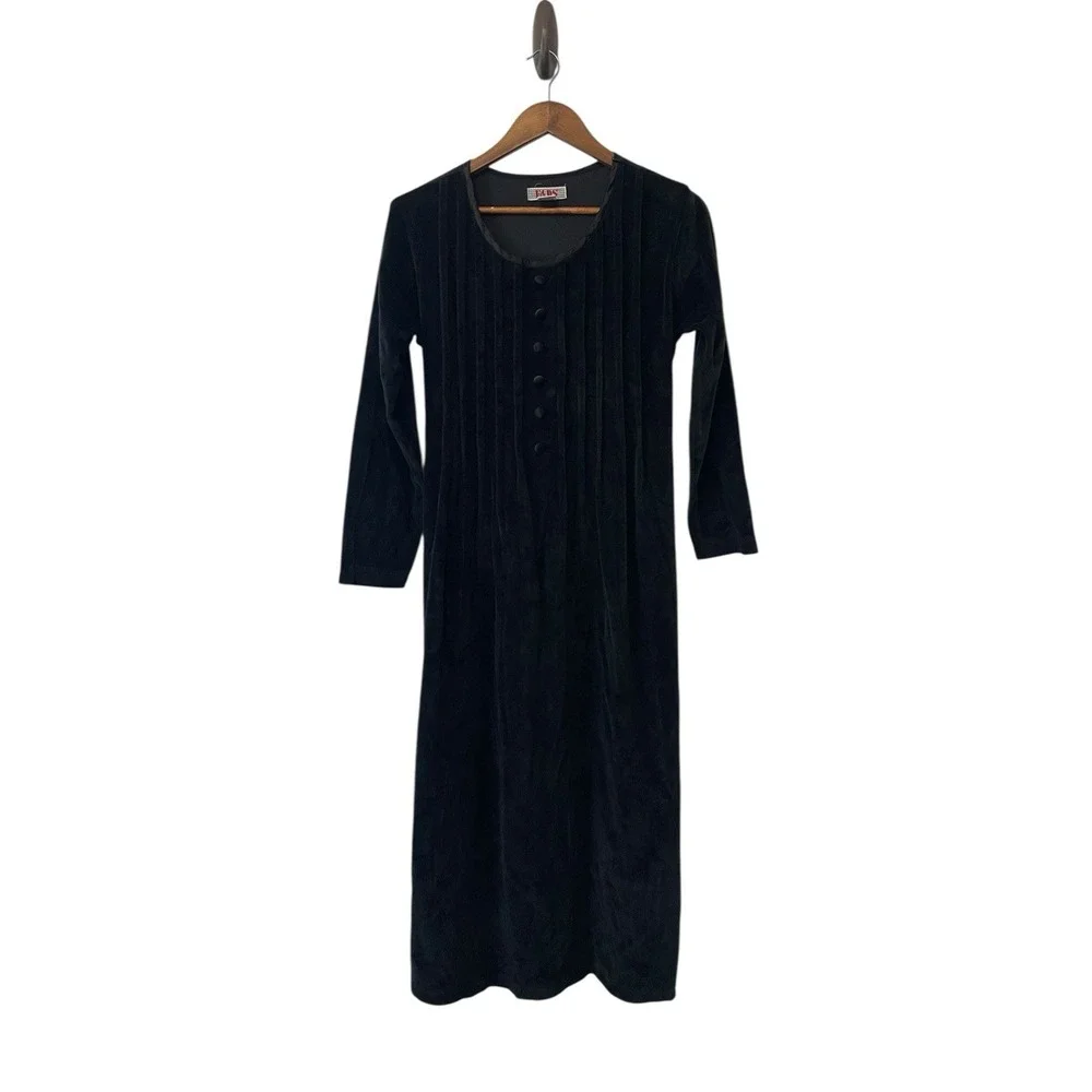 Vtg Black Velvet Maxi Dress Long Sleeve Pleated Size‎ S Modest  Y2K Velour